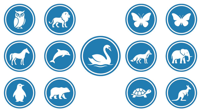Collection of diverse animal icons in blue circles for web and graphic design projects