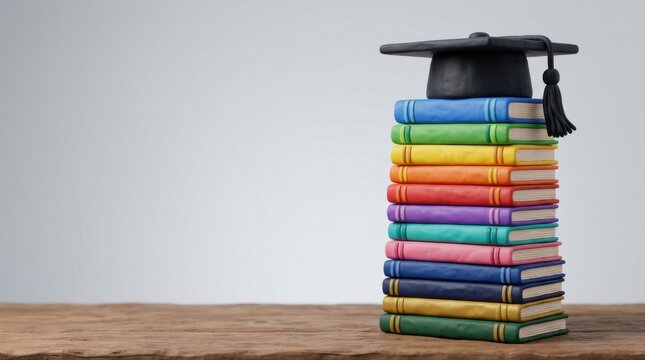Stack of Colorful Books with Graduation Cap