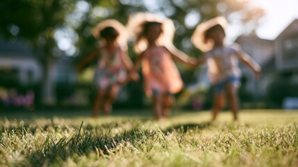 Fototapeta premium three young children wearing hats run through sunlit grass in a backyard