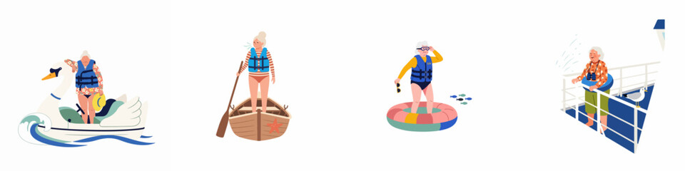 Obraz premium Active senior woman enjoying diverse water activities like rowing, swan boat riding, and cruising, symbolizing a vibrant and adventurous retirement lifestyle.