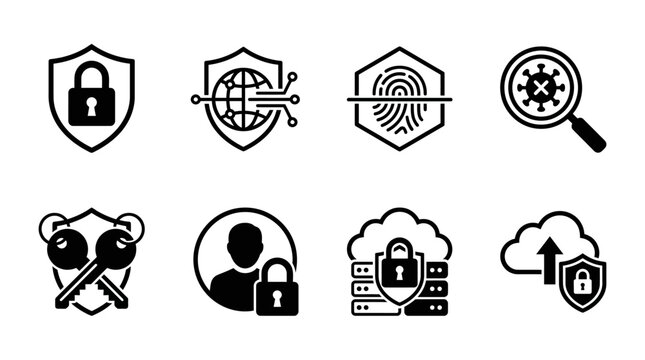 Collection of cybersecurity and data protection icons including a shield with lock, globe with circuit, fingerprint, virus scan, keys, user with lock, server with cloud, and cloud upload with shield