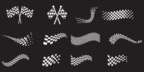 Naklejka premium racing flags and symbols vector checkered start trophy car speed line silhouette black white background graphic design motorsport competition event icon