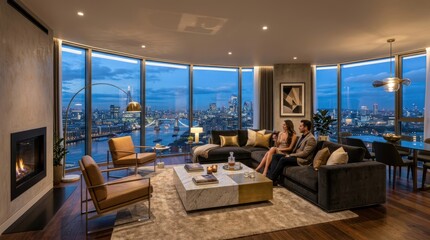 Obraz premium Luxury apartment living room with stunning panoramic city and river views at dusk