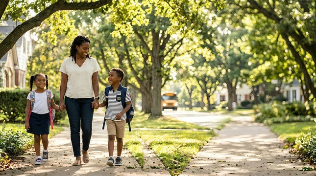 Mother walks her two young children to the neighborhood school on a sunny autumn morning while wearing casual clothes and carrying their heavy backpacks along a tree lined suburban sidewalk path.