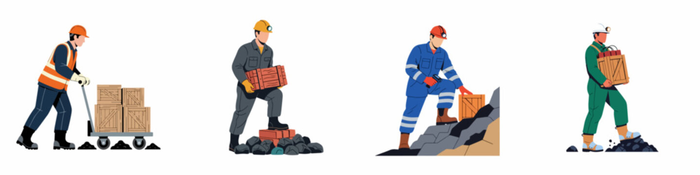 Set of industrial workers and miners in safety gear transporting equipment and wooden crates in a mining environment, isolated on white background.