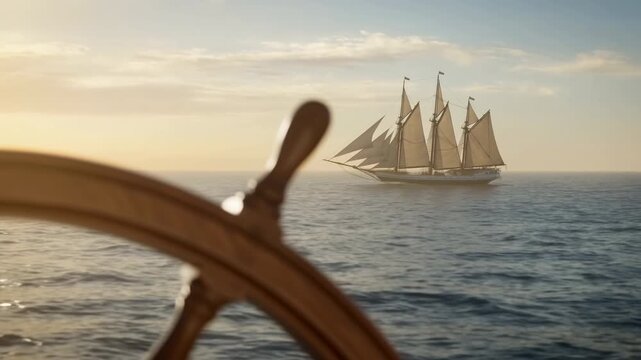 Polished wooden ship wheel in foreground with distant tall sailing ship on golden horizon