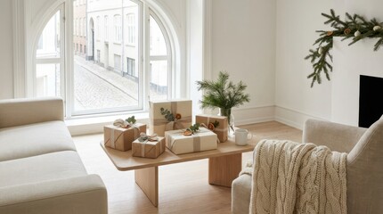 Obraz premium Cozy living room with Christmas gifts and festive decor by the window
