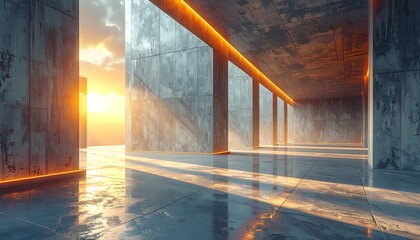Obraz premium A futuristic room with concrete walls and glowing orange lights