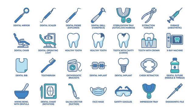 Dentistry Icons Set: Tools, Teeth, Chair, Equipment