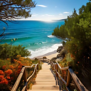 Steps lead down to a sunlit ocean beach