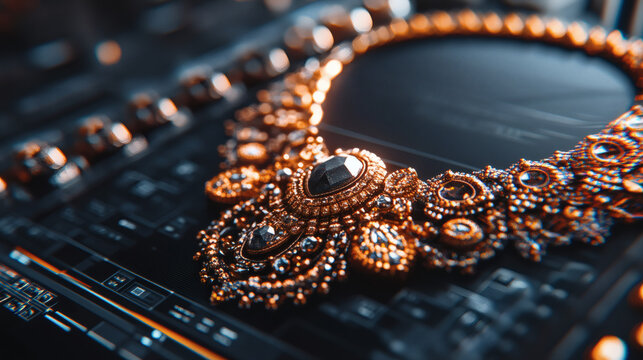 A luxurious gold necklace with intricate designs and dark gemstones rests on a glowing computer keyboard, blending opulence with digital technology in a close-up shot, elegantly showcasing jewelry.