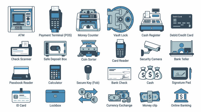 Financial Services Icons: ATM, Bank, Payment, Security, Money