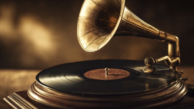 oldfashioned. Old-fashioned gramophone with brass horn and a spinning vinyl record. event programs, museum guides, designed for cultural heritage projects and event programs.