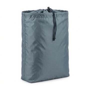 Grey drawstring storage bag made of ripstop nylon fabric isolated on white background