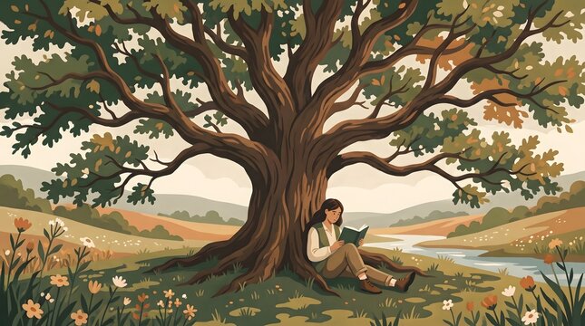 Digital illustration of young woman peacefully reading under large tree in nature landscape design background