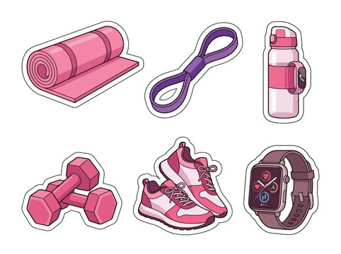 Female Fitness Sticker Set of 6 Premium Die-Cut Stickers, Pink rolled yoga mat and More, for Women's Health Apps, Wellness Branding and Education