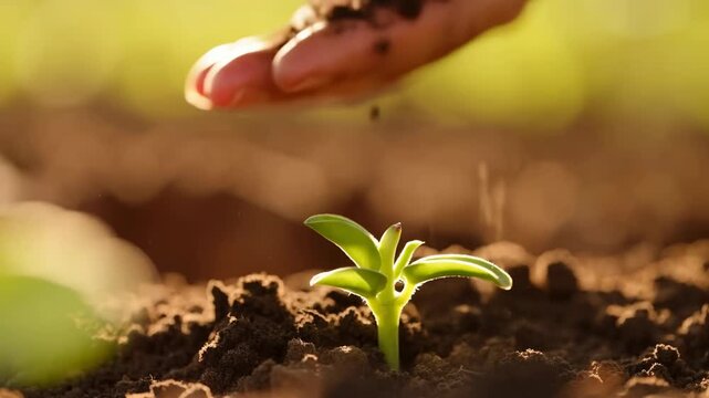 Close low angle view of green seedling under hand releasing soil with warm backlight