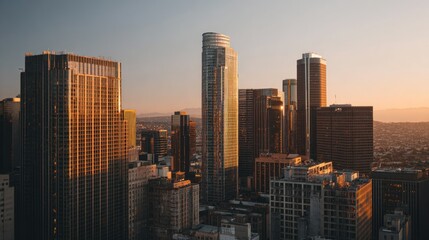Fototapeta premium High-angle view captures urban skyline at sunset, with illuminated skyscrapers. Golden light bathes city