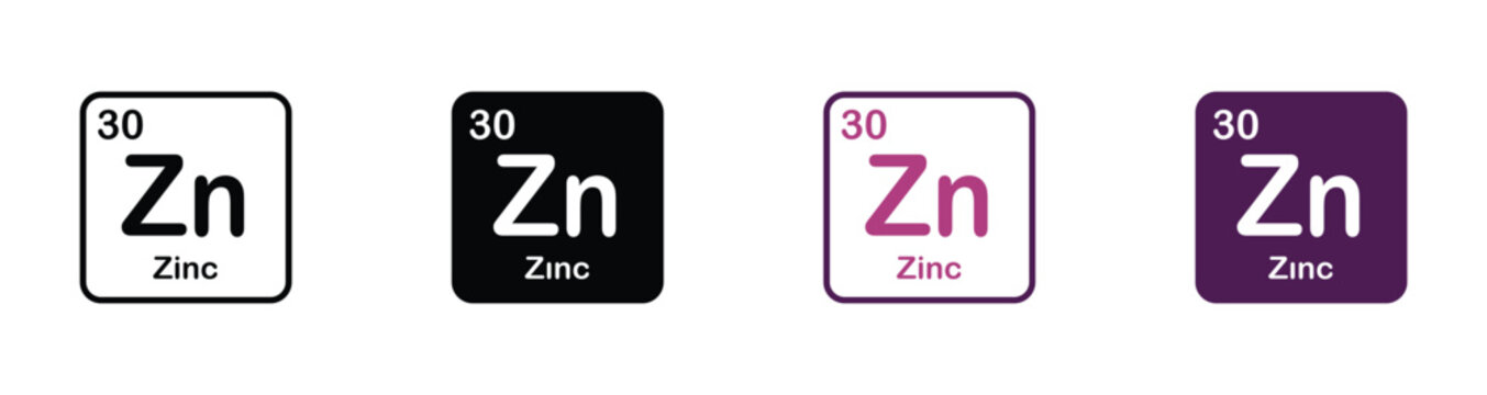 Zinc, Zn chemical element icon set. The chemical element of the periodic table. Sign with atomic number. Vector illustration.