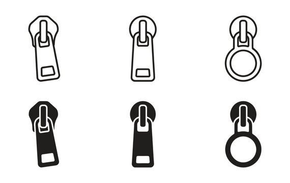 Zipper slider and pull tab icon set in solid and outline style. Vector illustration
