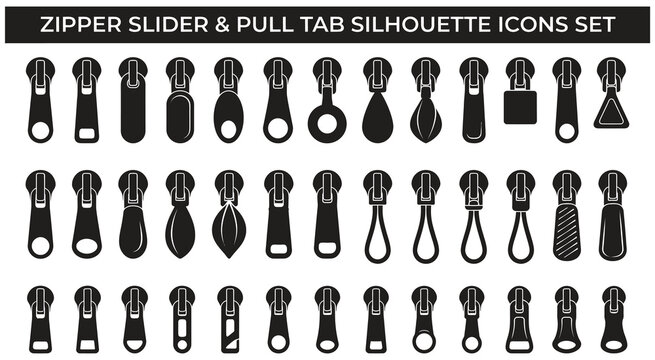 Large set of detailed zipper slider and pull tab silhouette icons for fashion