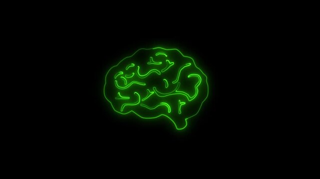 Neon Green Outline of a Human Brain on a Black Background glowing