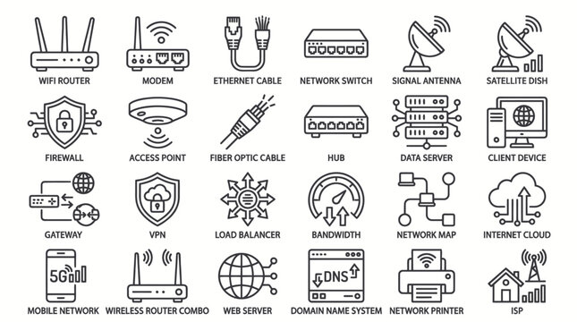 Network Technology Icons: Internet, Wifi, Server, Cable, Router