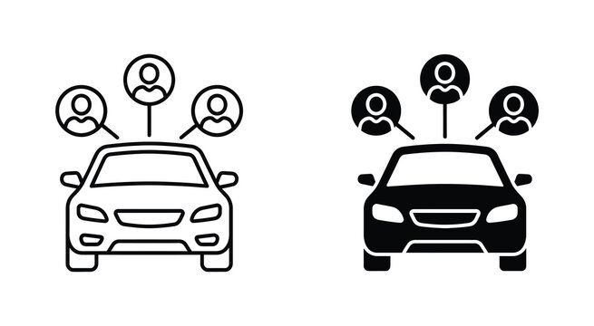 Car sharing and ride hailing service icon set in solid and outline style. Vector illustration
