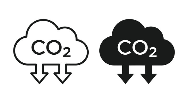 Carbon dioxide emission cloud icon set with downward arrows in vector style