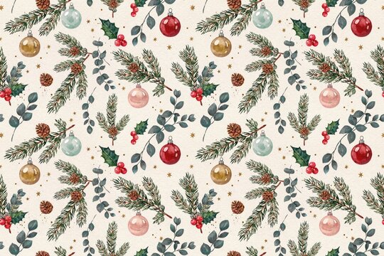 Festive seamless pattern with watercolor pine branches, holly berries, red and gold baubles, and pinecones on a light cream background