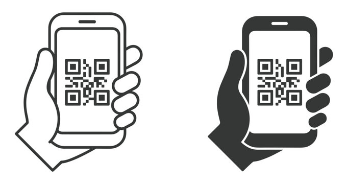 Phone with QR Code. A hand holds a smartphone displaying a QR code. This technology allows for quick access to information.