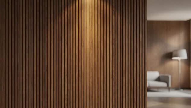 Medium shot focusing on stained acoustic wood wall slats highlighting rich tonal depth and elegant finish that improves room acoustics with stylish sophistication.