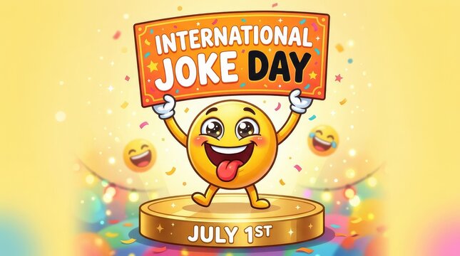 Happy international joke day template featuring a cheerful laughing emoji on a podium stage with festive colorful confetti elements