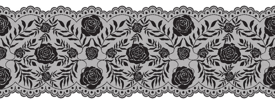 Black lace rose border seamless ribbon. Gothic floral tulle trim background with vintage mesh fabric and flower ornament for elegant fashion design.