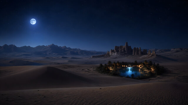 Cinematic Desert Oasis Under Full Moon at Night with Starry Sky