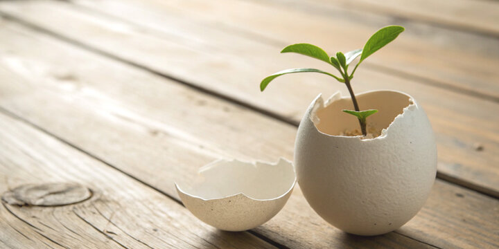 Starting and growing in your own way with a light green tree sprouting from a cracked eggshell