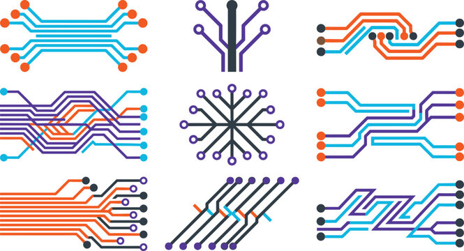 Premium Cyber Data Pathways Set Featuring Colorful Electronic Circuit Traces Flat Motherboard Nodes Microchip Hardware and Abstract Tech Infrastructure Vector Elements