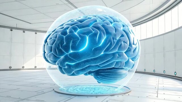 Digital brain protected in futuristic glass sphere with glowing blue neural pathways in sterile laboratory setting