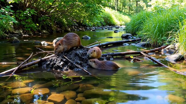 Spring Beaver Family Building Dam in Forest Stream