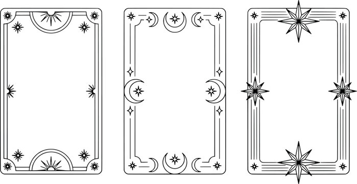 Set of celestial tarot card frames with moon and star motifs, mystical line art borders for divination and esoteric designs, vector illustration