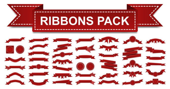 Red ribbons banner big pack banners. Set of flat style ribbon isolated on transparent background. Festive or sale collection. Christmas elements. Vector illustration