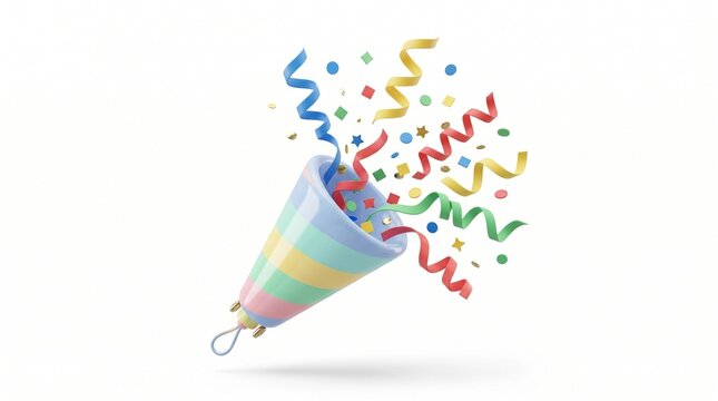 3D Party Popper Cone with Confetti and Curled Streamers, Celebration and Festive Event Concept