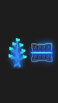 Neon file tree and database icon for data. Neon file tree for organized information systems. Neon file tree animation for cloud computing.