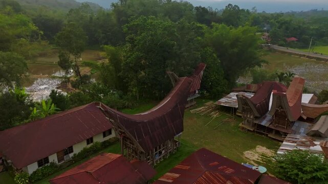 Aerial Toraja Tongkonan in the countryside