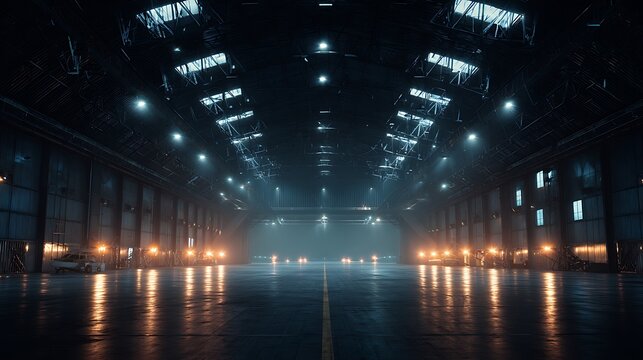 Vast empty industrial warehouse interior with moody dramatic lighting.
