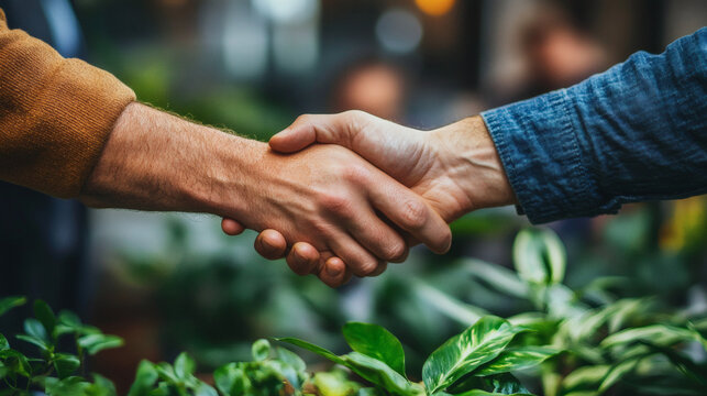 Two hands firmly shaking in a gesture of agreement or partnership with blurred green plants in the foreground suggesting growth or natural development under collaborative effort - handshake.