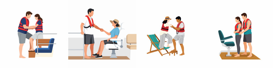Fototapeta premium Set of Flat Illustrations Showing People Practicing Boat Safety, Wearing Life Jackets and Assisting Each Other on a Vessel
