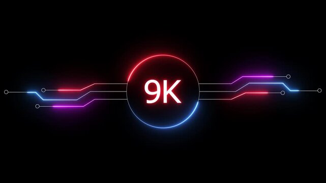 Neon social media followers or subscribers. Neon 9K celebration text animation background.  on a black background. and creating a stunning 4k video.
