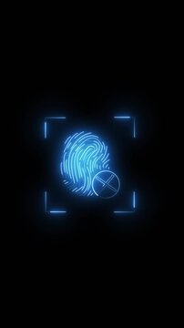 Neon blue fingerprint scan with X mark. Neon blue fingerprint for biometric identity error. Neon blue fingerprint animation for access denied.