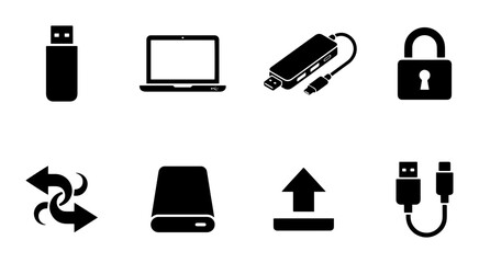 Fototapeta premium Digital Storage and Connectivity Icons: USB Drive, Laptop, Hard Drive, Lock, Data Transfer, Upload, Cables